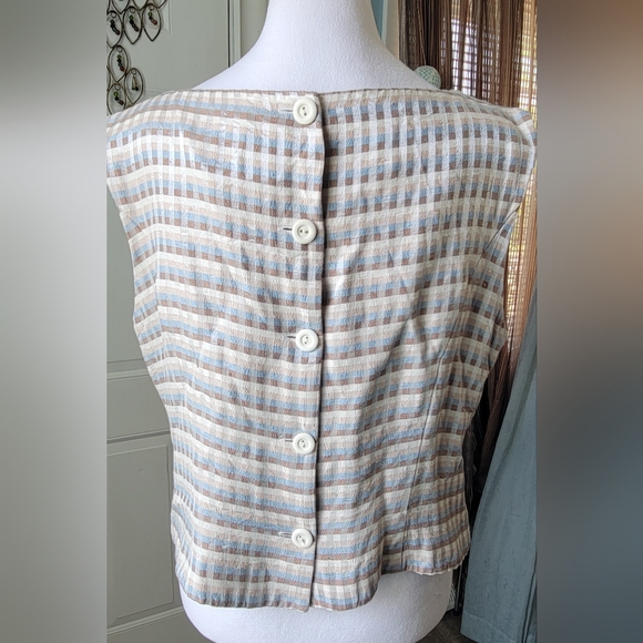 90s Vintg Sleeveless Blouse Women's 16 Tan Cream Blue Plaid Button up Back - Picture 3 of 10